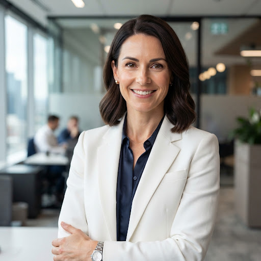Sarah Chen, COO of Al Show You How. A polished professional portrait of a woman in her late 30s with dark hair, wearing a professional white blazer. She has a warm, inviting smile and a posture that suggests competence and transparency. The setting is a minimalist, brightly lit workspace that aligns with the brand's clear and accessible aesthetic.