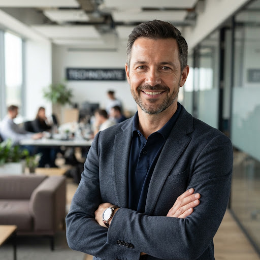 David Miller, CEO of Al Show You How. A professional portrait of a man in his late 40s with a confident, friendly expression. He is wearing a dark navy blazer over a crisp button-down shirt. The background is a blurred high-end office environment with soft window light, reflecting a corporate modern and approachable leadership style.