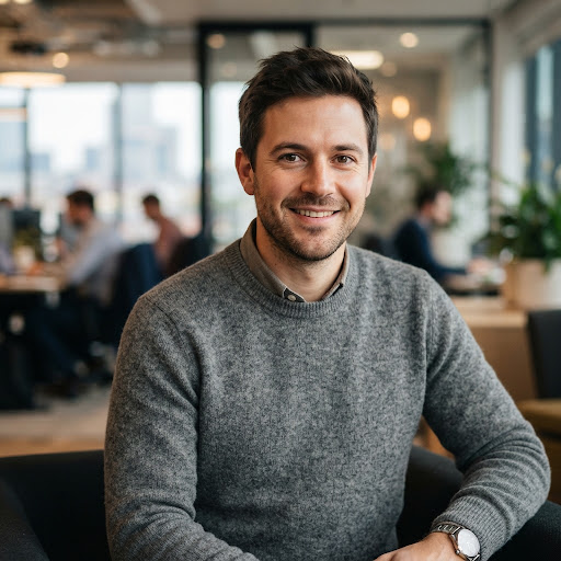 Marcus Wright, CTO of Al Show You How. A modern portrait of a man in his early 30s with a neat beard, wearing a high-quality grey knit sweater. He looks directly at the camera with an intelligent and friendly gaze. The background shows a modern tech office with subtle greenery, emphasizing the platform's reliability and innovation.